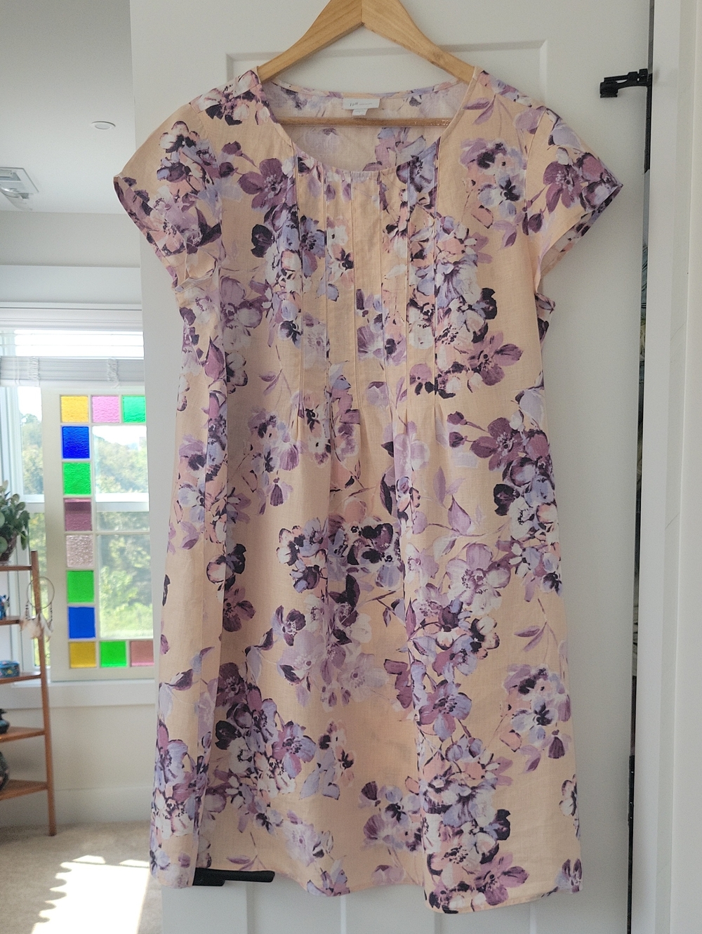 J. Jill Peach Floral Cap-Sleeve Linen Midi Dress with Lavender Accents